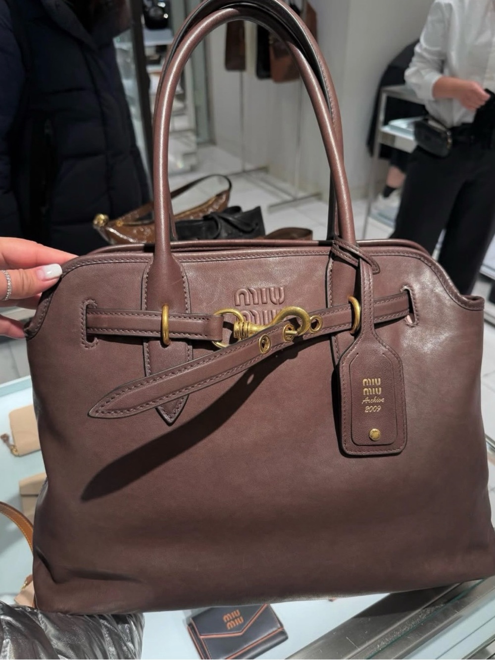 Miu Miu Taupe Brown Leather Top-Handle Satchel with Gold Hardware